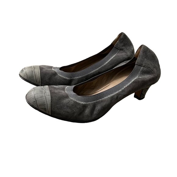 Anyi Lu Womens Gray Croc Embossed Suede Cap Toe Scrunched Comfort Heels Size 7.5 - Picture 1 of 9